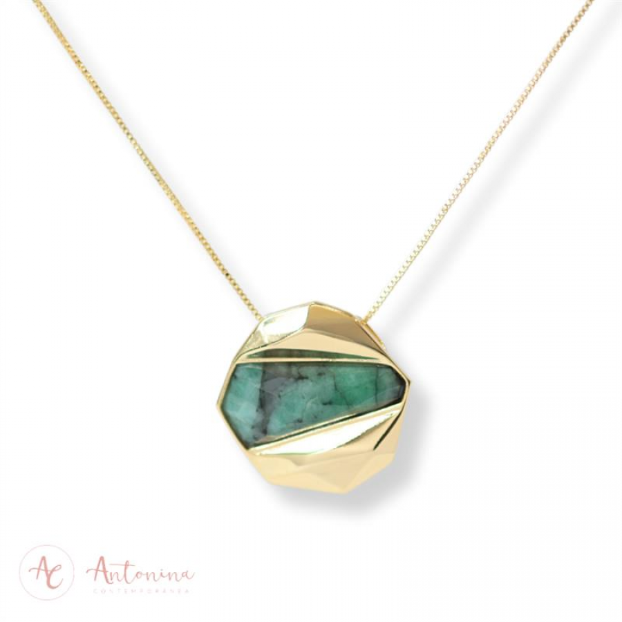 Colar Facetado Lapidado Esmeralda Biriba Banhado Em Ouro 18k