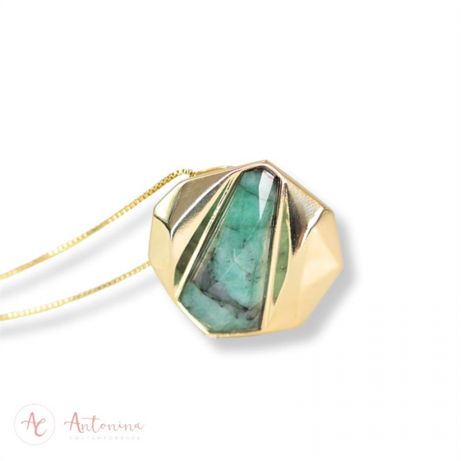 Colar Facetado Lapidado Esmeralda Biriba Banhado Em Ouro 18k