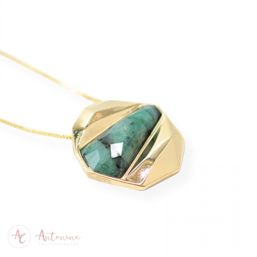 Colar Facetado Lapidado Esmeralda Biriba Banhado Em Ouro 18k