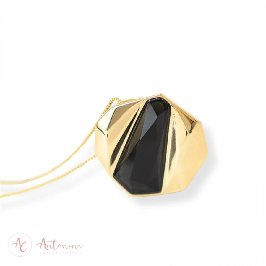 Colar Facetado Lapidado Ônix  Banhado Em Ouro 18k