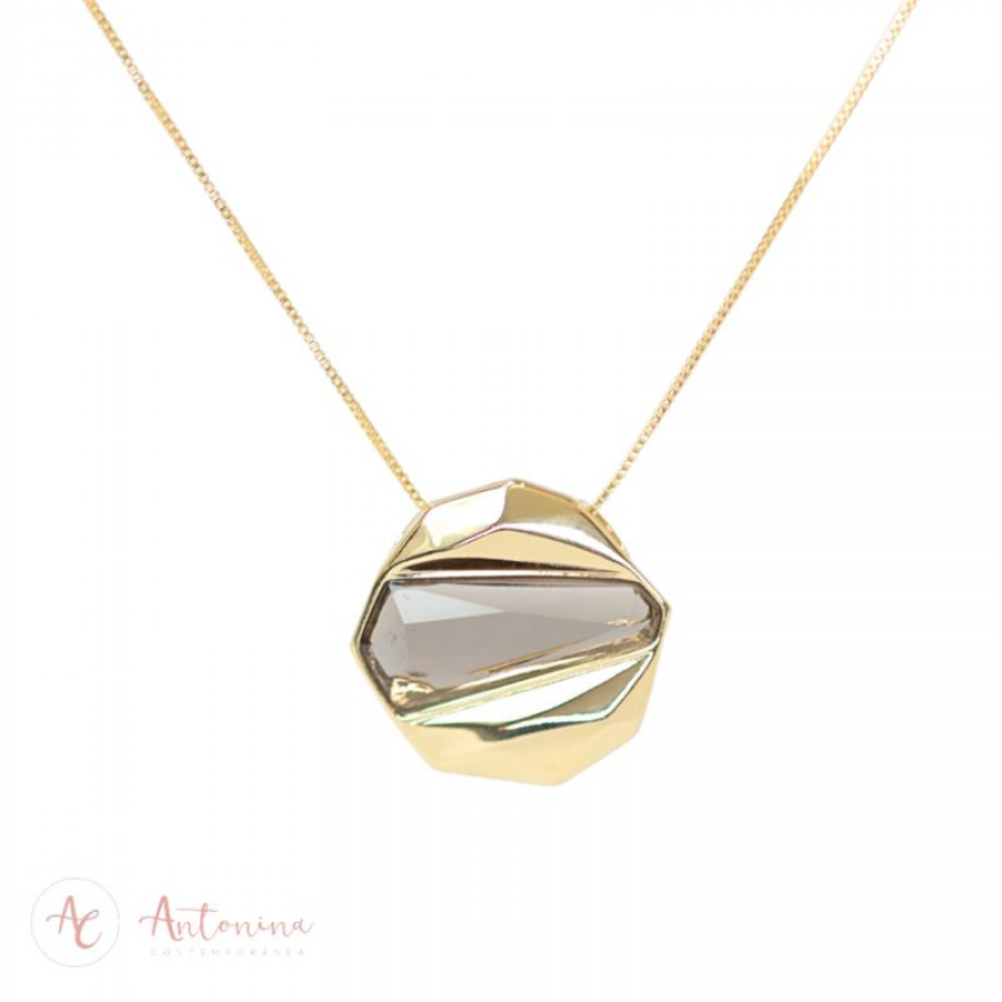 Colar Facetado Lapidado Fumê  Banhado Em Ouro 18k