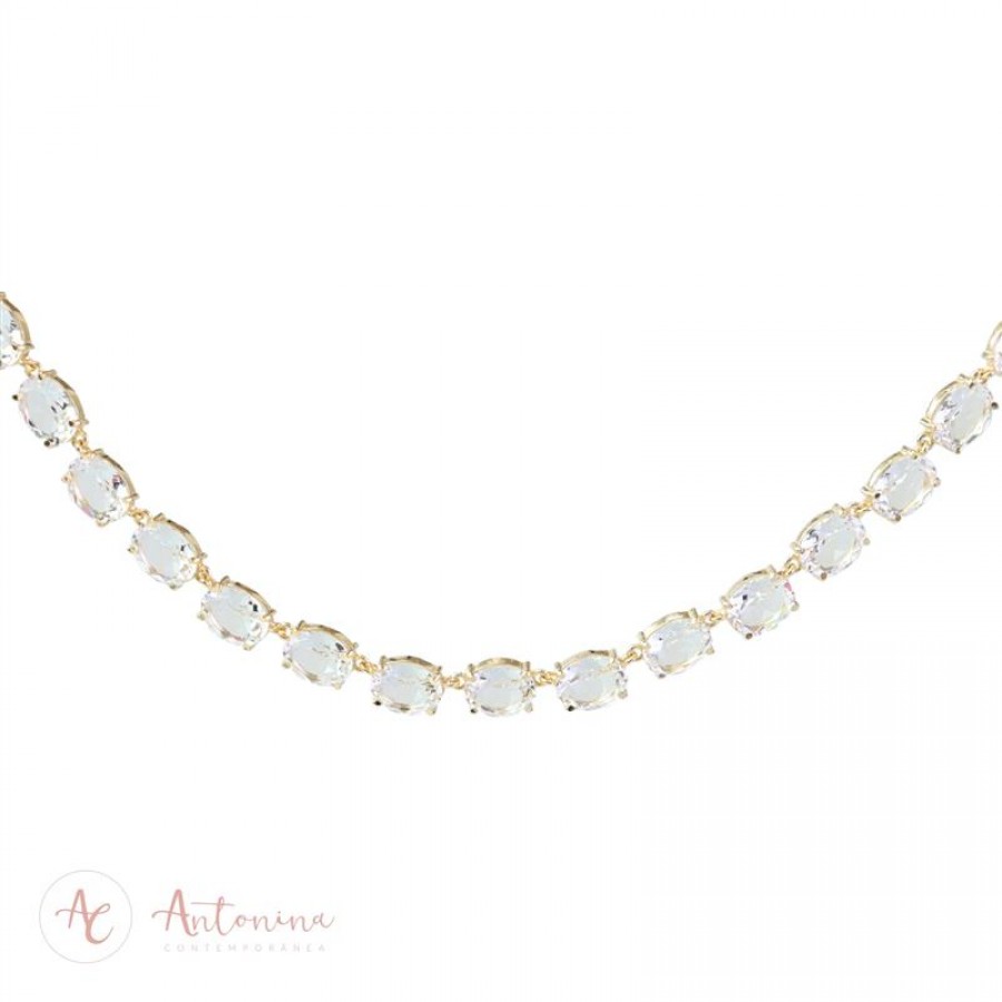 Colar Riviera Oval P Cristal Translúcido Banhado Em Ouro 18k