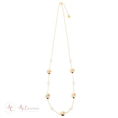 Colar Longo Liso Com Pérolas Banhado Em Ouro 18k