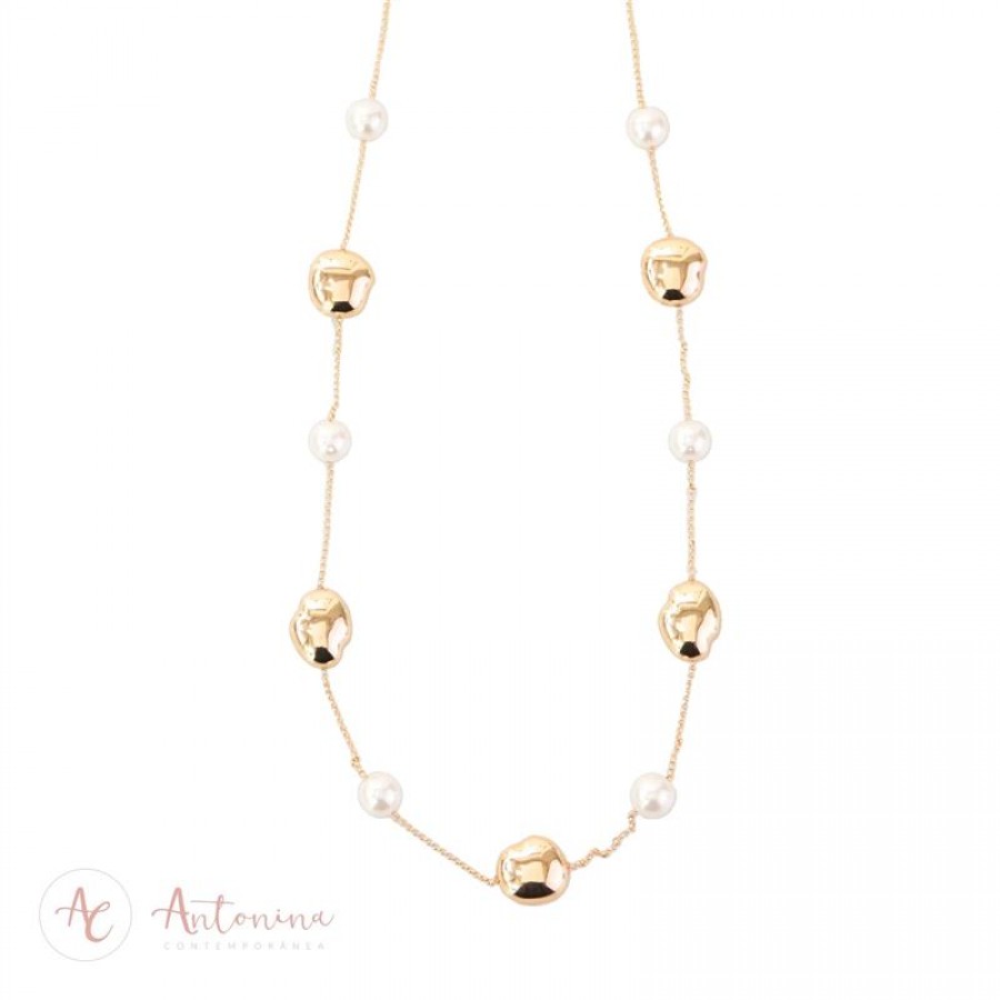 Colar Longo Liso Com Pérolas Banhado Em Ouro 18k