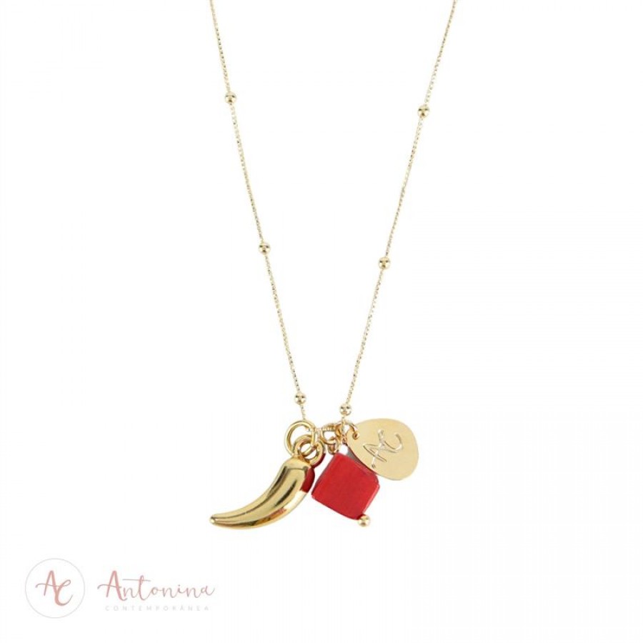 Colar Curto Bolinha Com Cubo Jaspe Vermelho Banhado Em Ouro 18k