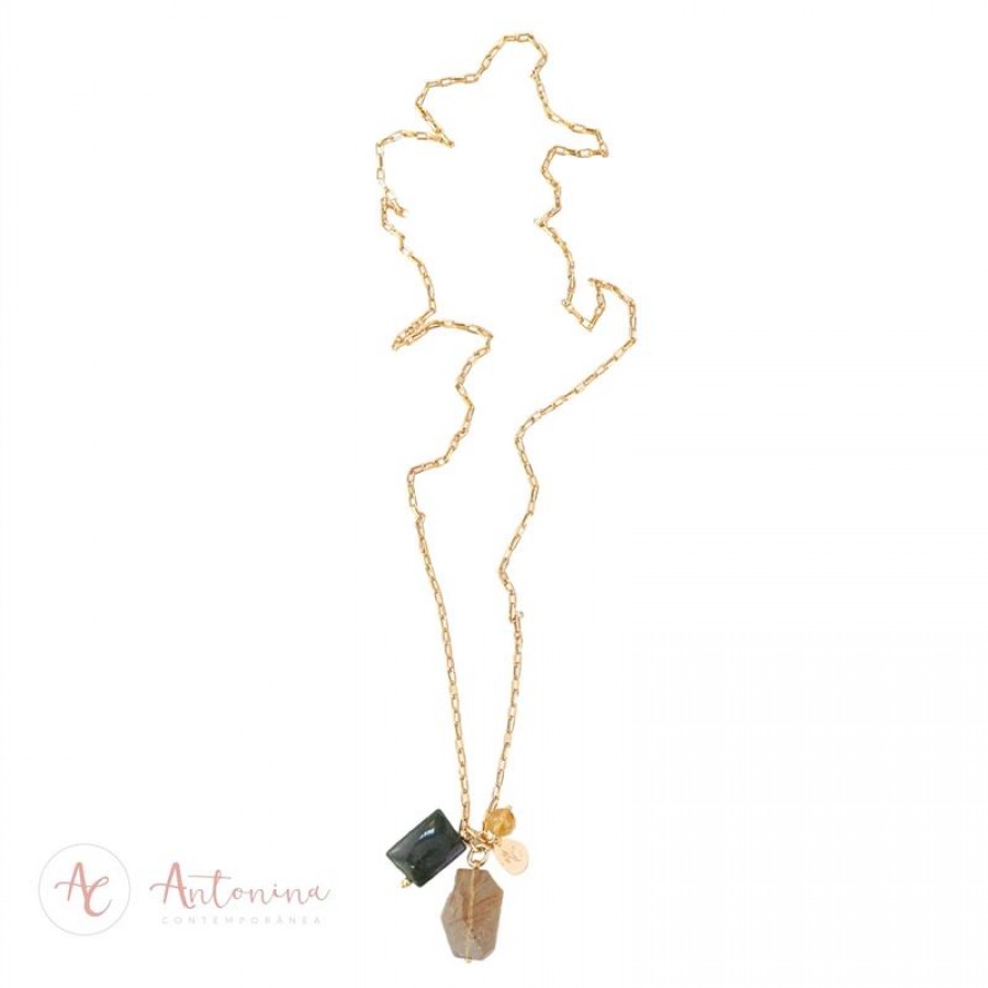 Colar Elos Minimalista Com Pingente Quartzo Verde E Rutilo 