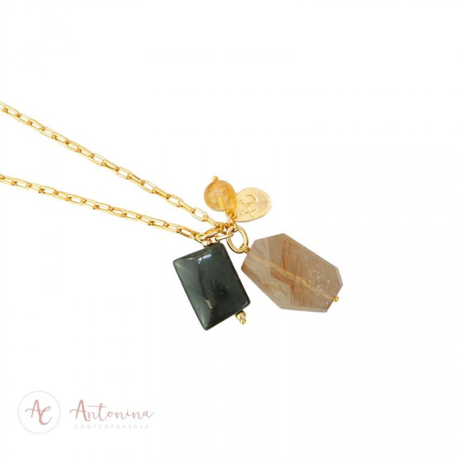 Colar Elos Minimalista Com Pingente Quartzo Verde E Rutilo 