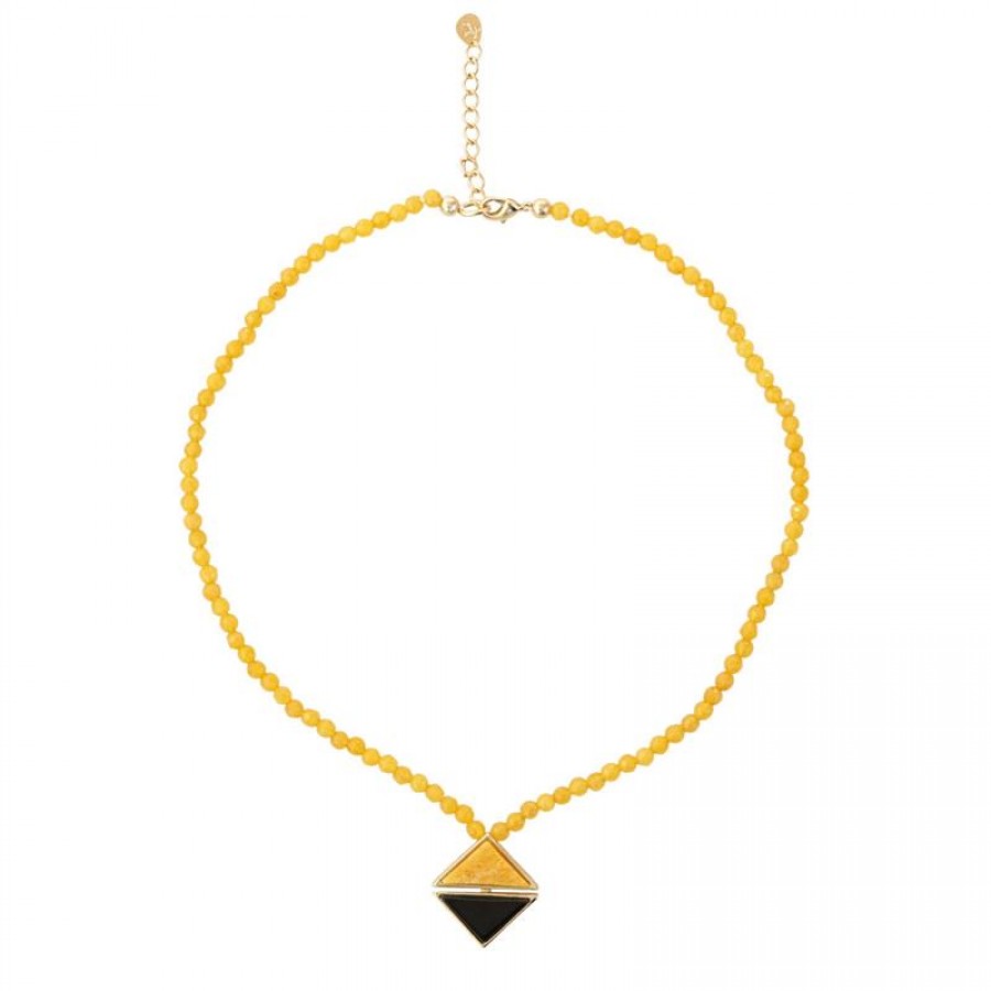 Colar Curto Jade Mostarda Com Pingente Triângulo Obsidiana Negra Com Feldspato Amarelo