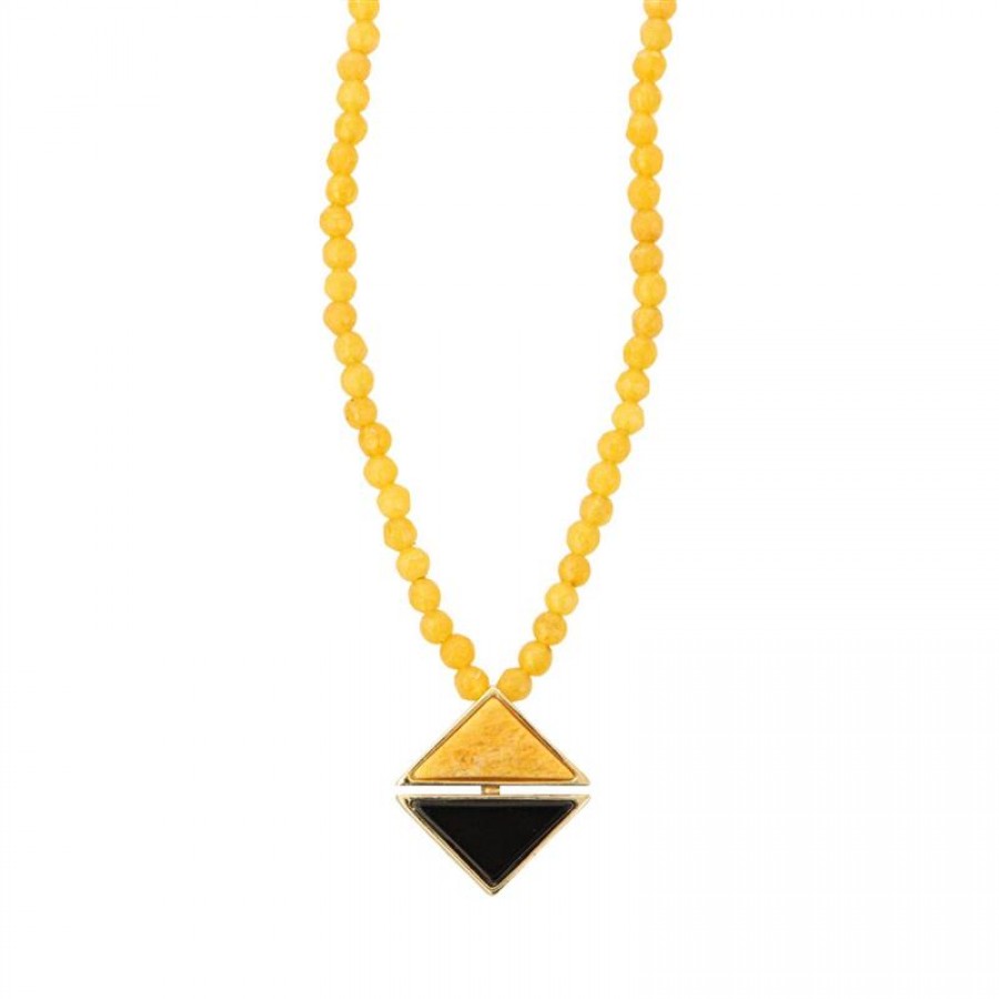 Colar Curto Jade Mostarda Com Pingente Triângulo Obsidiana Negra Com Feldspato Amarelo