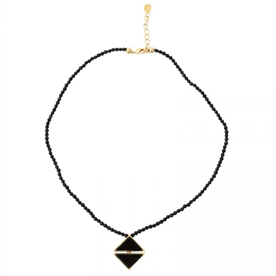 Colar Curto Ônix Com Pingente Triângulo Obsidiana Negra