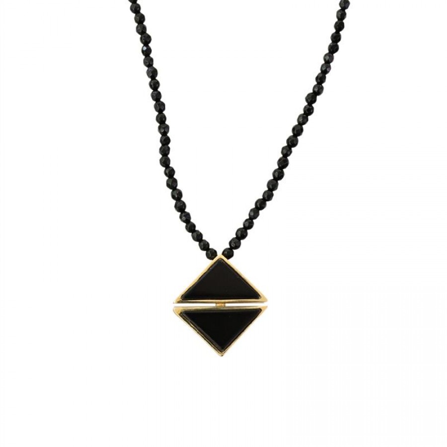 Colar Curto Ônix Com Pingente Triângulo Obsidiana Negra