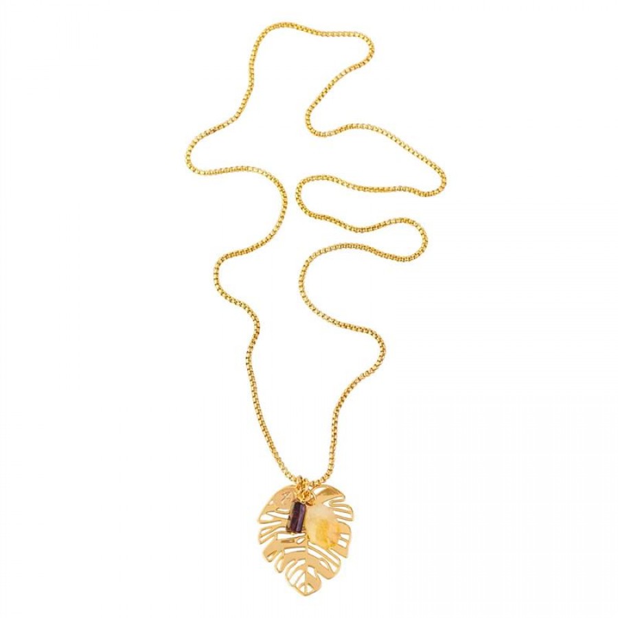 Colar Longo Costela De Adão Com Olho De Tigre Vermelho Com Citrino Banhado Em Ouro 18k