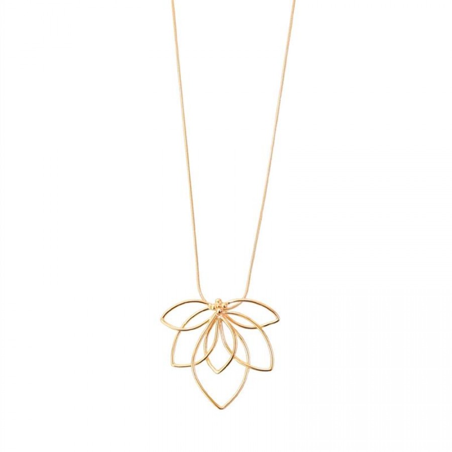 Colar Longo Com Pingente Flor De Lótus Banhado Em Ouro 18k