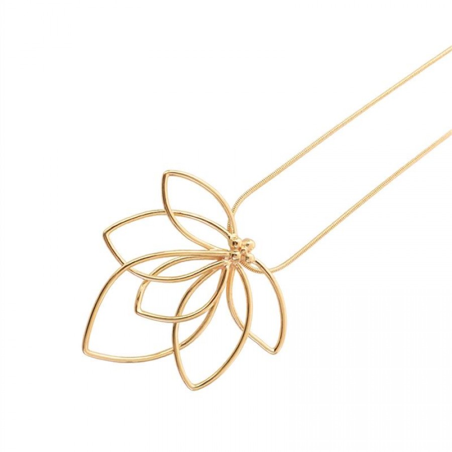 Colar Longo Com Pingente Flor De Lótus Banhado Em Ouro 18k