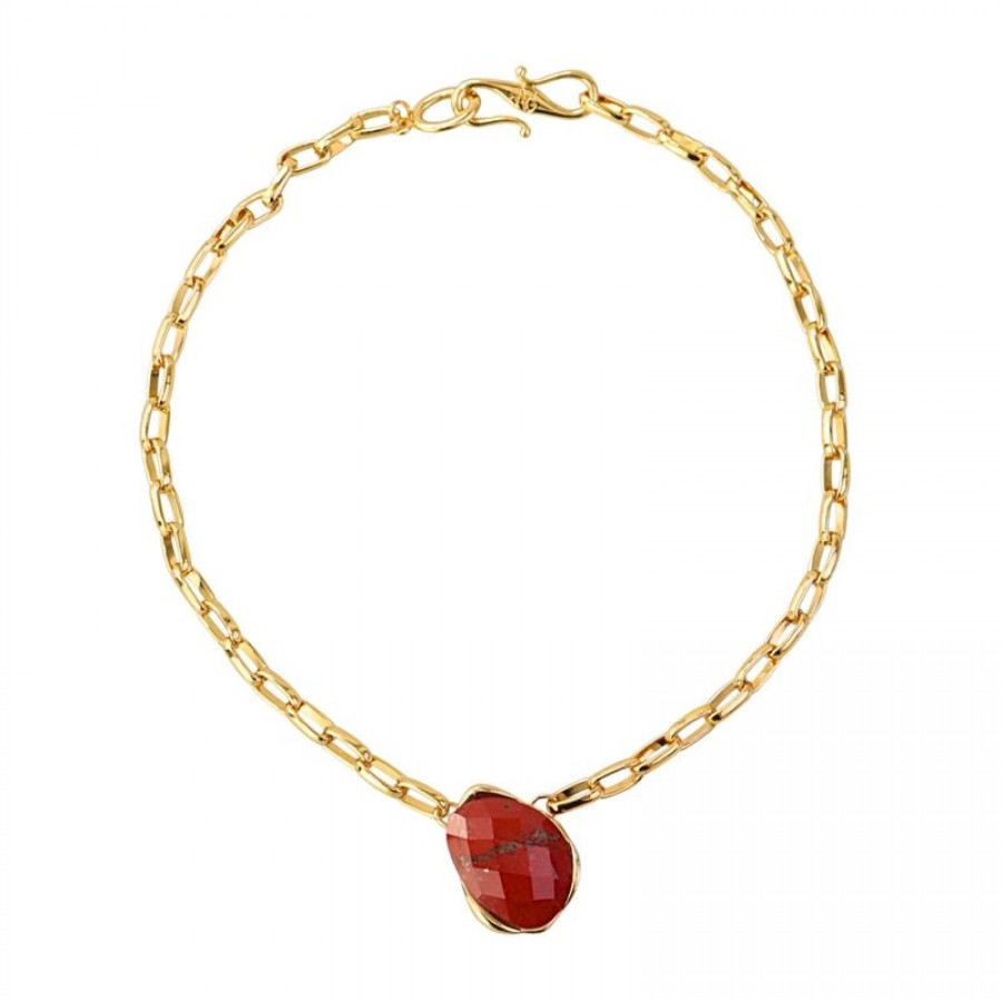 Colar De Elos Com Pingente Orgânico Facetado Jaspe Terracota Banhado Em Ouro 18k