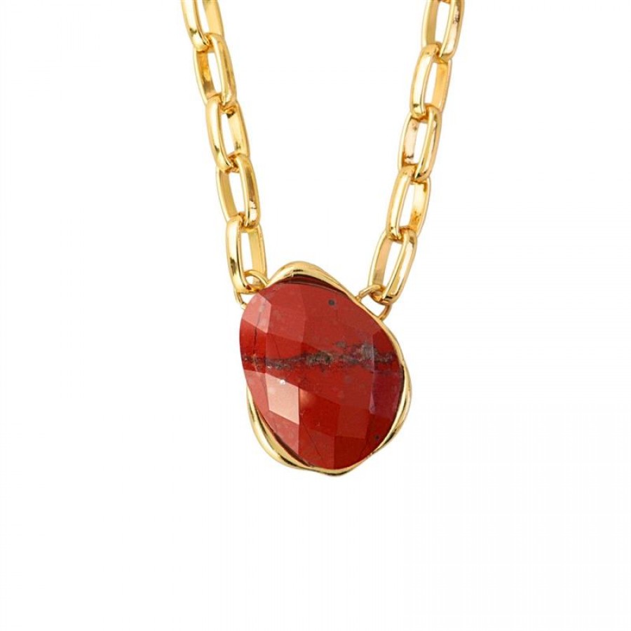 Colar De Elos Com Pingente Orgânico Facetado Jaspe Terracota Banhado Em Ouro 18k