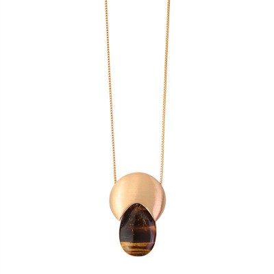 Colar Longo Com Pingente Meia Lua Gota Olho De Tigre Banhado Em Ouro 18k 