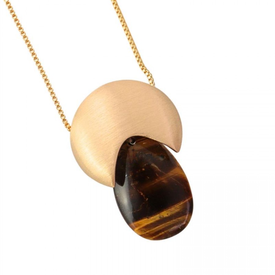 Colar Longo Com Pingente Meia Lua Gota Olho De Tigre Banhado Em Ouro 18k 