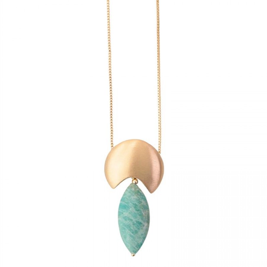 Colar Longo Com Pingente Meia Lua E Amazonita Banhado Em Ouro 18k 