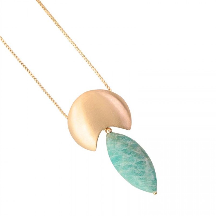 Colar Longo Com Pingente Meia Lua E Amazonita Banhado Em Ouro 18k 