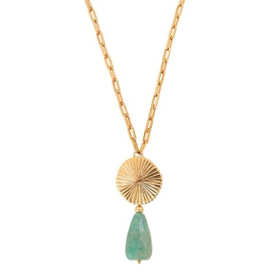 Colar Longo Com Pingente Amazônia E Amazonita Banhado Em Ouro 18k 
