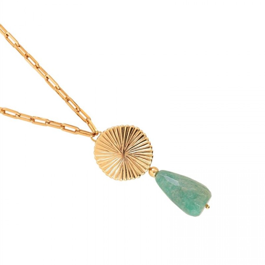 Colar Longo Com Pingente Amazônia E Amazonita Banhado Em Ouro 18k 