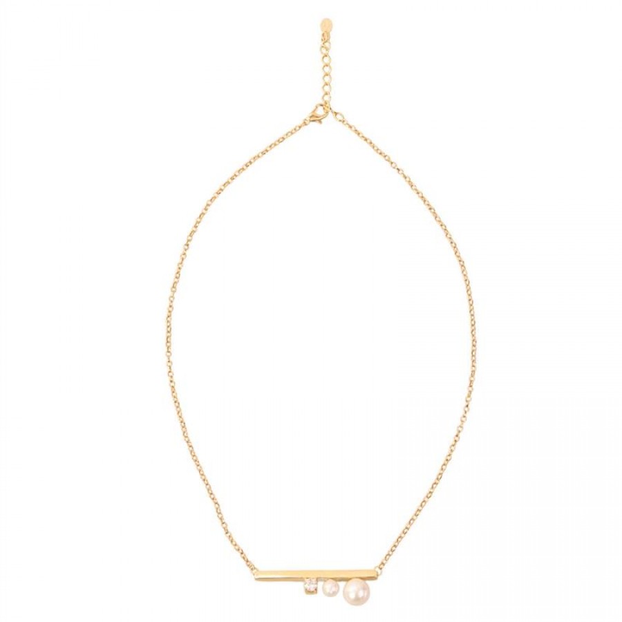 Colar Palito Paris Com Pérola E Cristal Banhado Em Ouro 18k