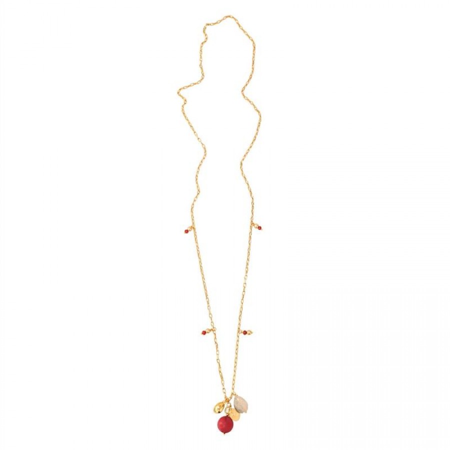 Colar Longo Minimalista Dourado Com Pingente Rutilo Grafitado E Jade Coral