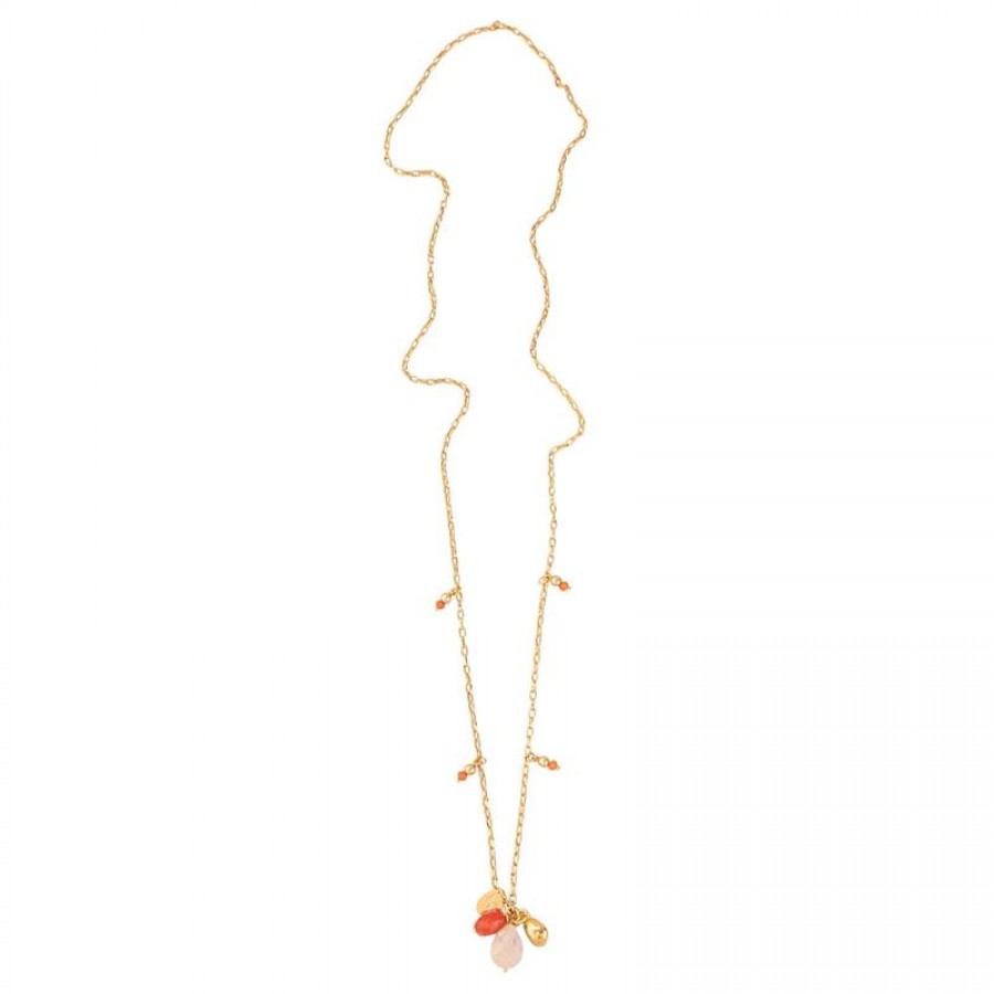 Colar Longo Minimalista Dourado Com Pingente Rutilo Grafitado E Jade Laranja