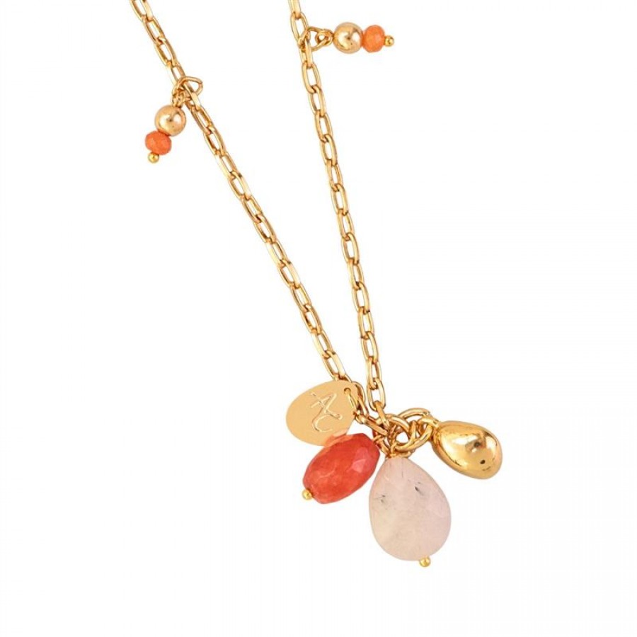 Colar Longo Minimalista Dourado Com Pingente Rutilo Grafitado E Jade Laranja