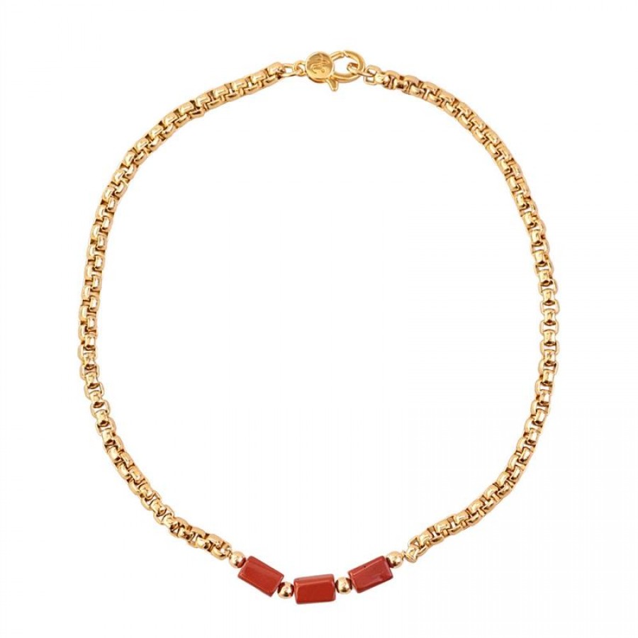 Colar Curto Jaspe Terracota Com Corrente Banhada Em Ouro 18k