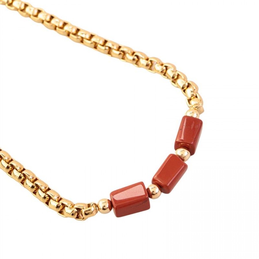 Colar Curto Jaspe Terracota Com Corrente Banhada Em Ouro 18k