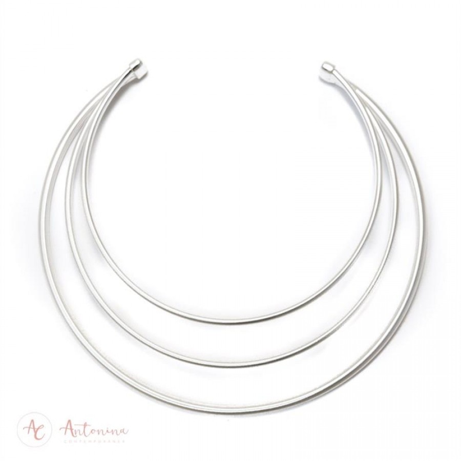 Colar Choker 3 Aros Fosco Banhado Em Ródio