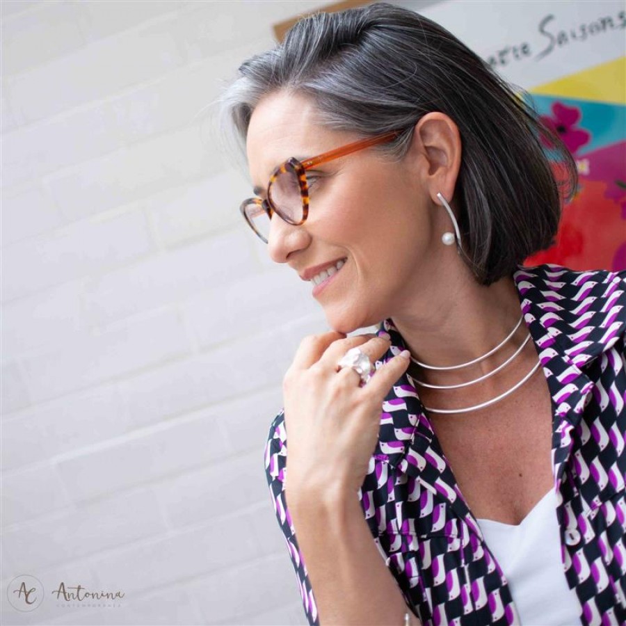 Colar Choker 3 Aros Fosco Banhado Em Ródio