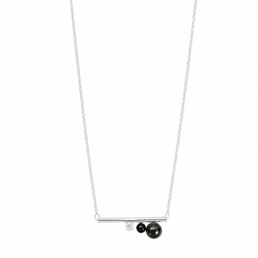 Colar Palito Paris Com Pérola Negra E Cristal Banhado Em Ródio