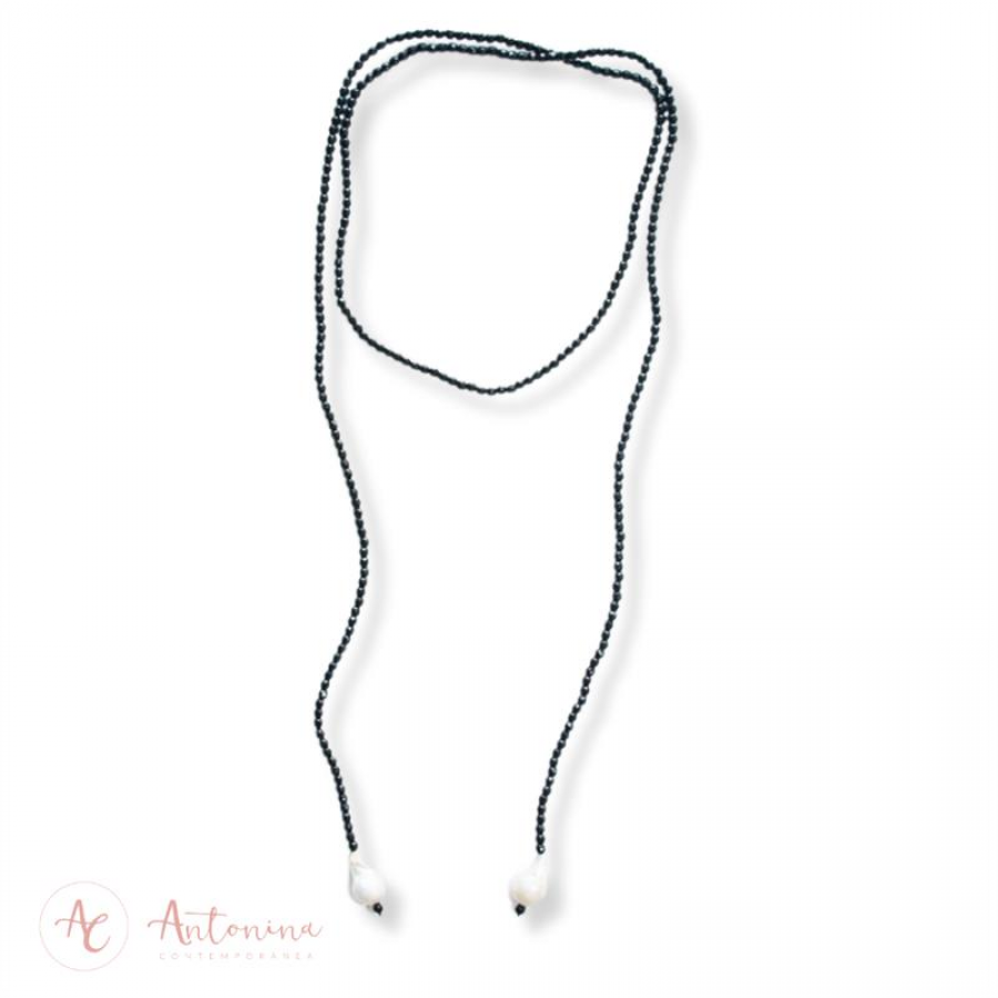 Colar Pashmina Ônix Com Pérola Barroca