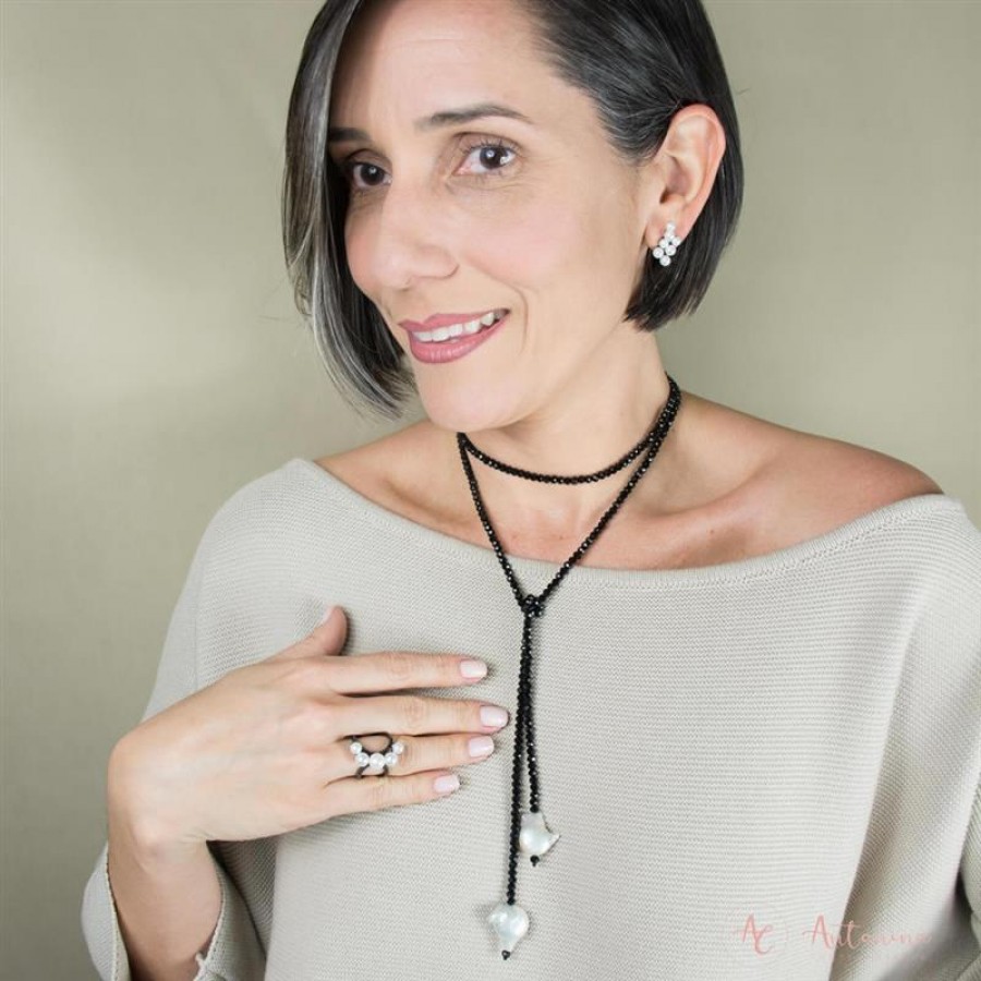 Colar Pashmina Ônix Com Pérola Barroca