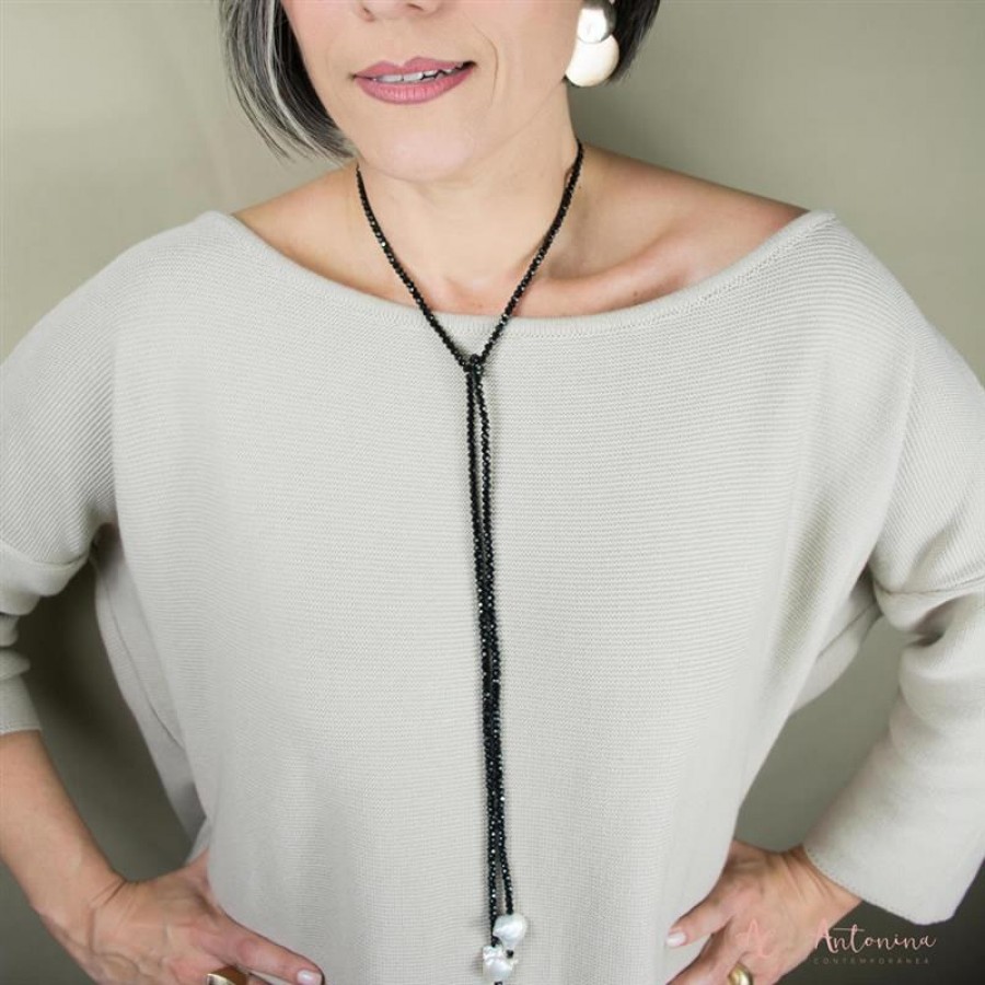 Colar Pashmina Ônix Com Pérola Barroca