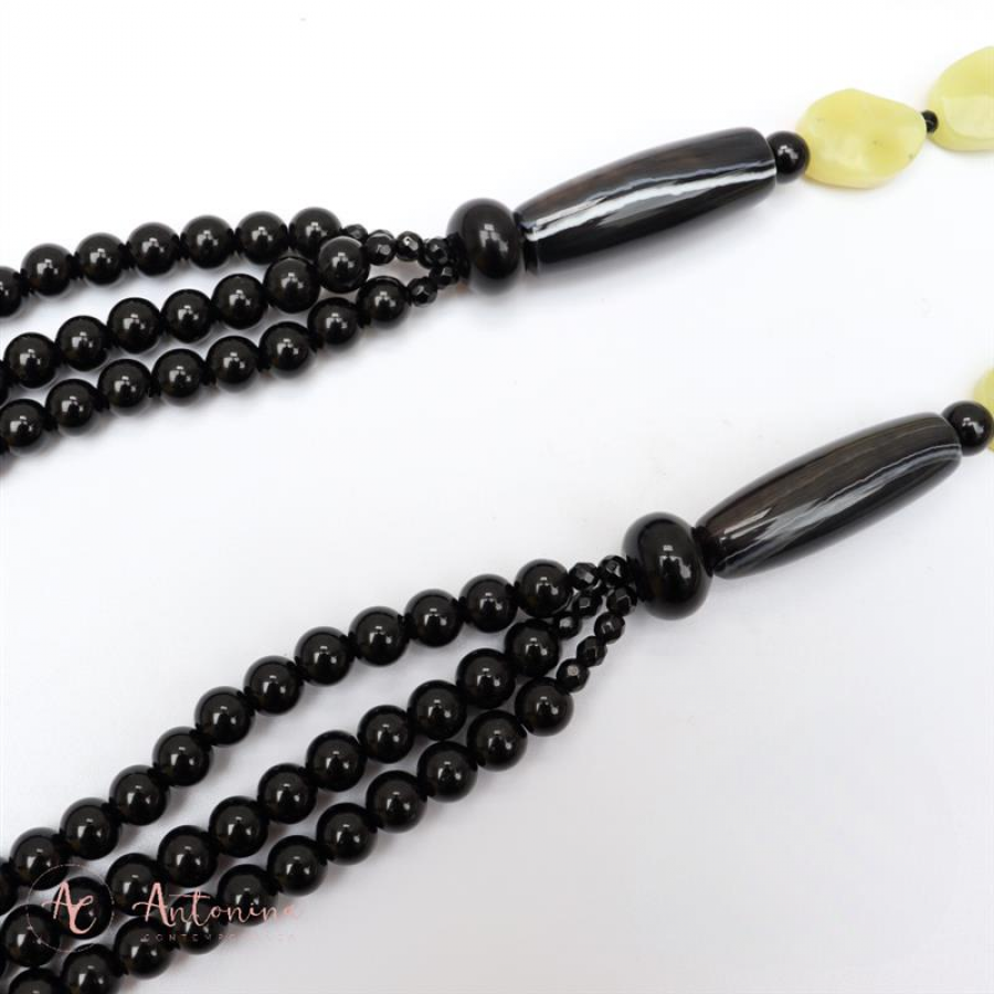 Colar Longo 3 Voltas Ônix Com Jade Pistache E Ágata Mesclada