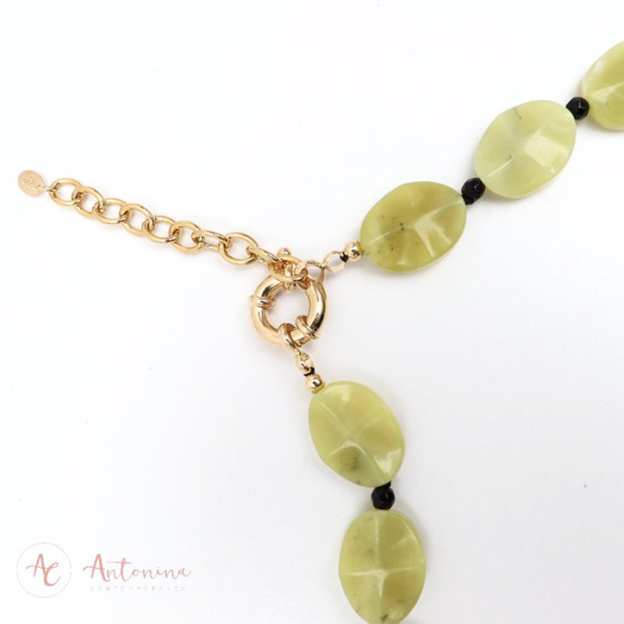 Colar Longo 3 Voltas Ônix Com Jade Pistache E Ágata Mesclada
