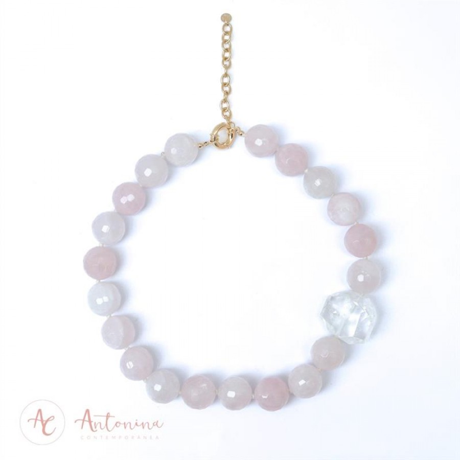 Colar Curto De Quartzo Rosa E Cristal De Quartzo