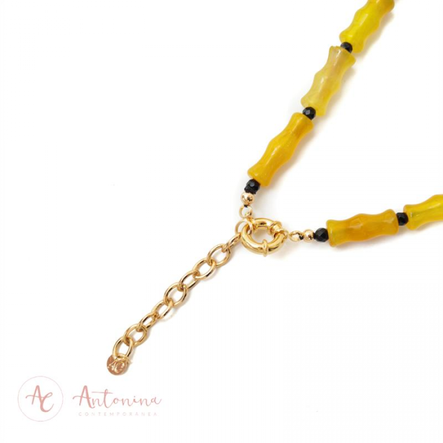 Colar Longo Ágata Mostarda Com Moeda Ônix