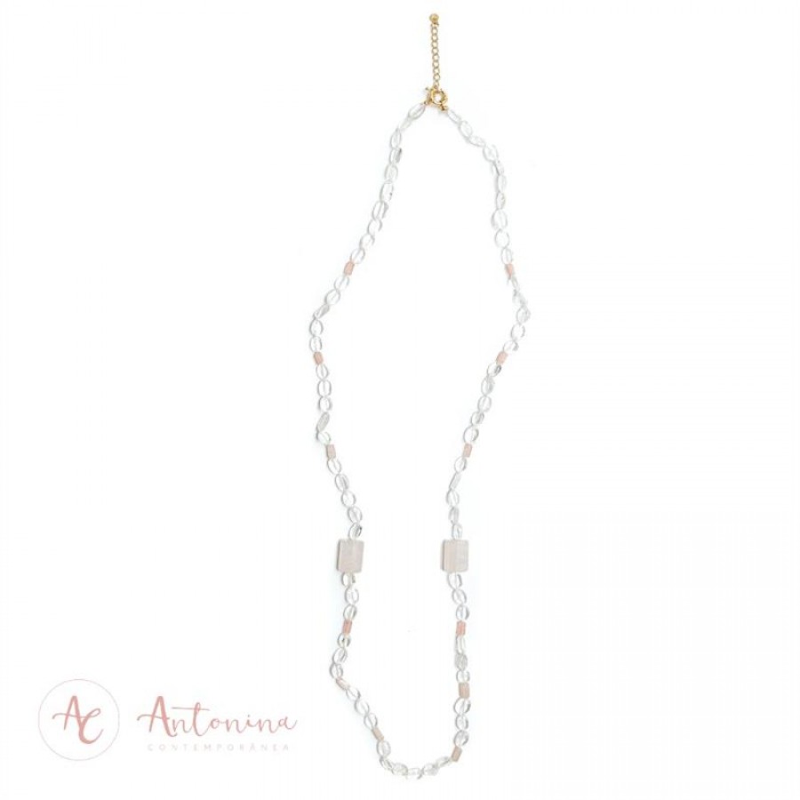 Colar Longo Mix Quartzo Rosa E Cristal Quartzo