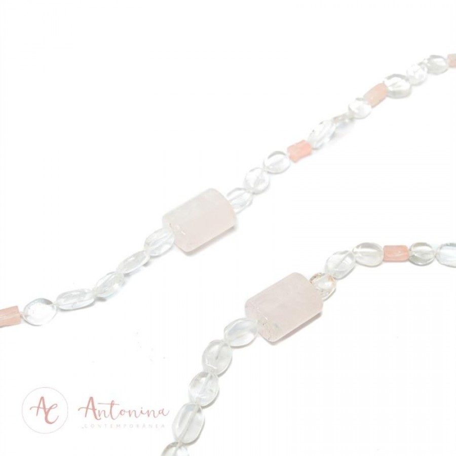 Colar Longo Mix Quartzo Rosa E Cristal Quartzo