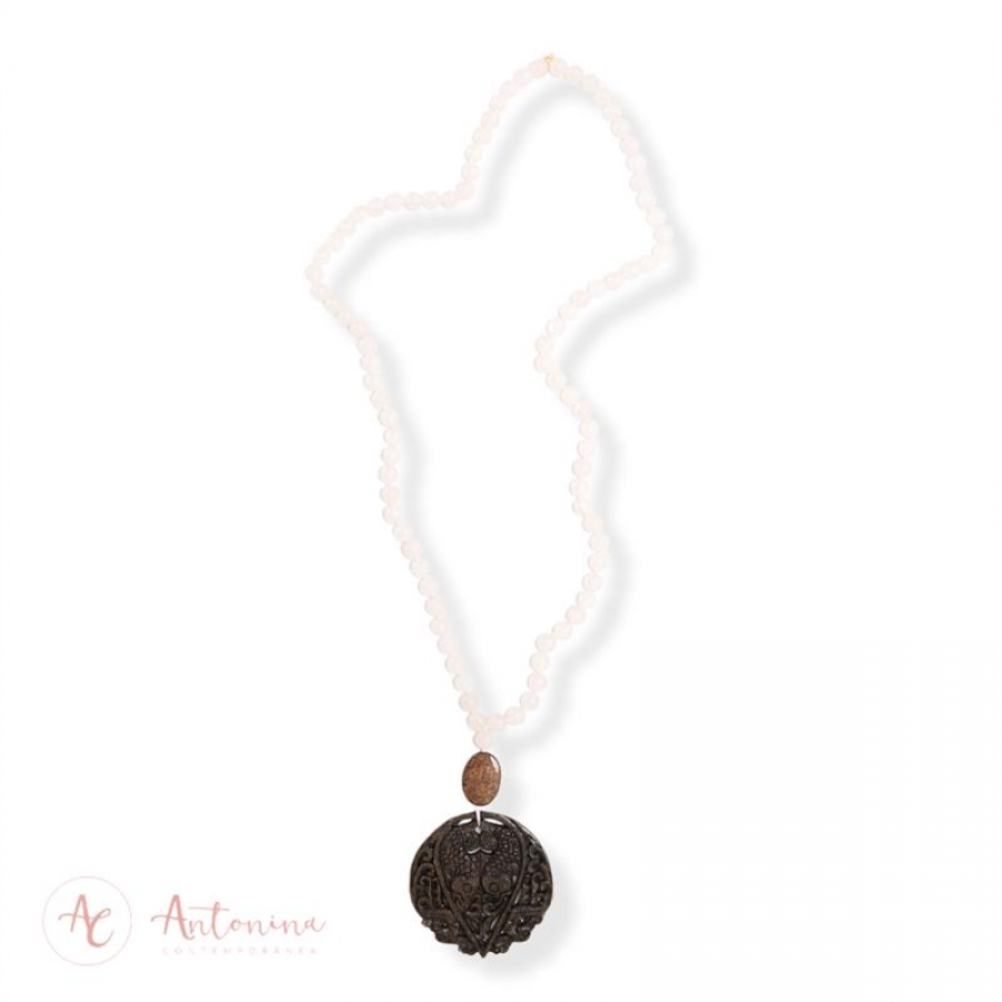 Colar Quartzo Rosa Com Mandala Café