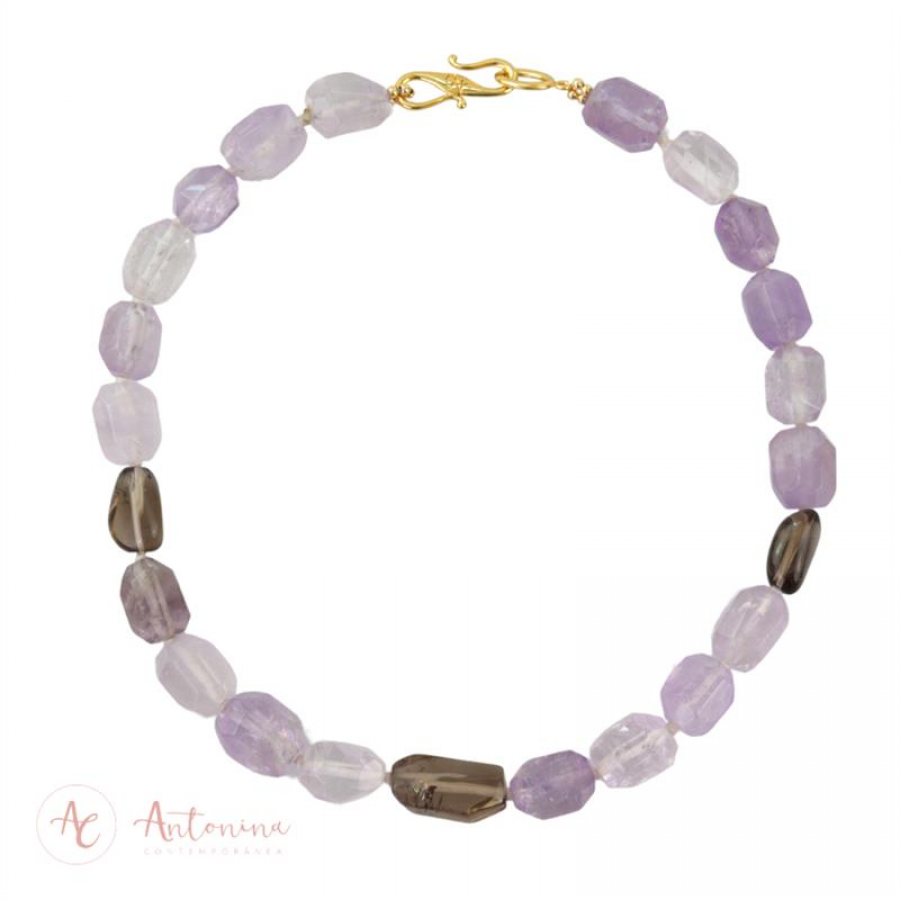 Colar Ametista Facetada Com Quartzo Fumê