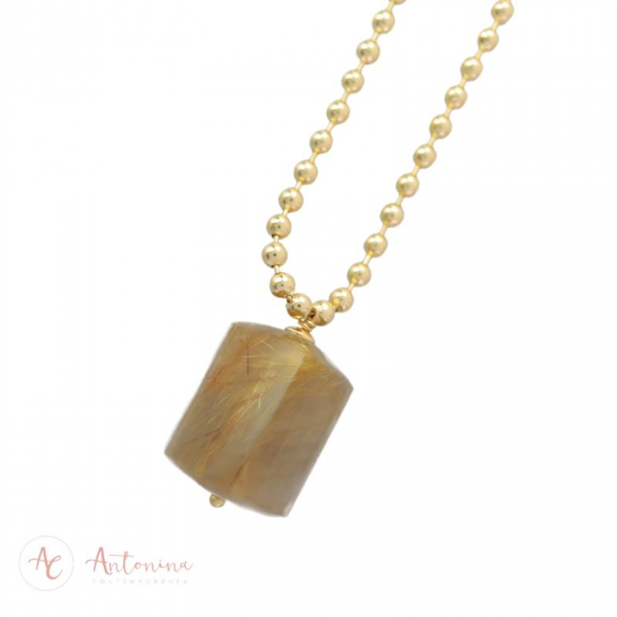 Colar Longo Bolinha Com Rutilo Dourado 