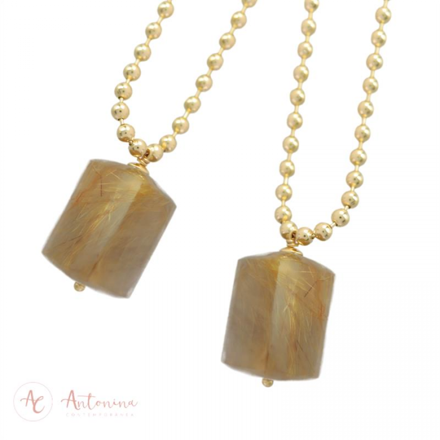 Colar Longo Bolinha Com Rutilo Dourado 