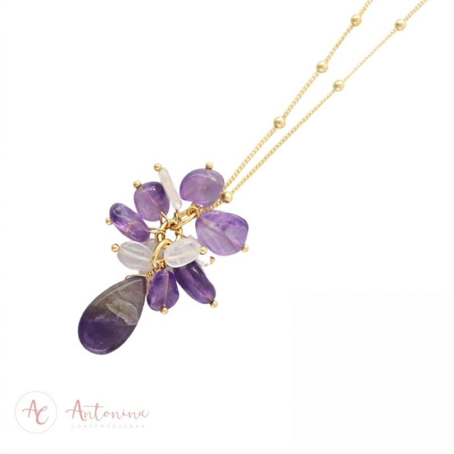 Colar Longo Bolinha Com Cacho De Ametista