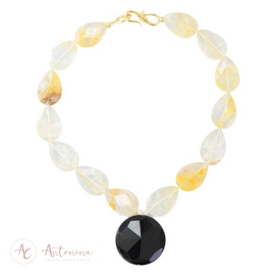 Colar Curto De Citrino E Medalha De Onix<br><span style='color:#fff;'>Joias</span>